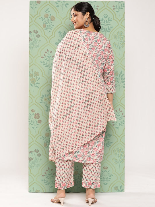 Yufta Women Plus Size Floral Printed Regular Pure Cotton Kurta with Trousers & Dupatta