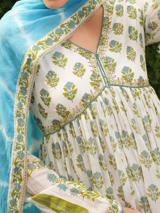 Vishudh Women Floral Printed Empire Pure Cotton Kurta with Palazzos & With Dupatta