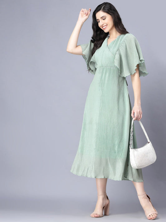 Myshka Women Green Solid Chiffon Midi Dress