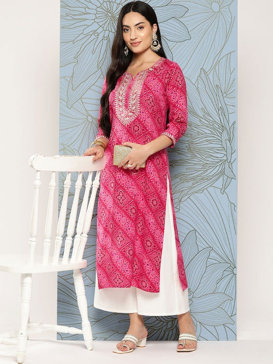 Yufta Bandhani Printed Gotta Patti Kurta Pink