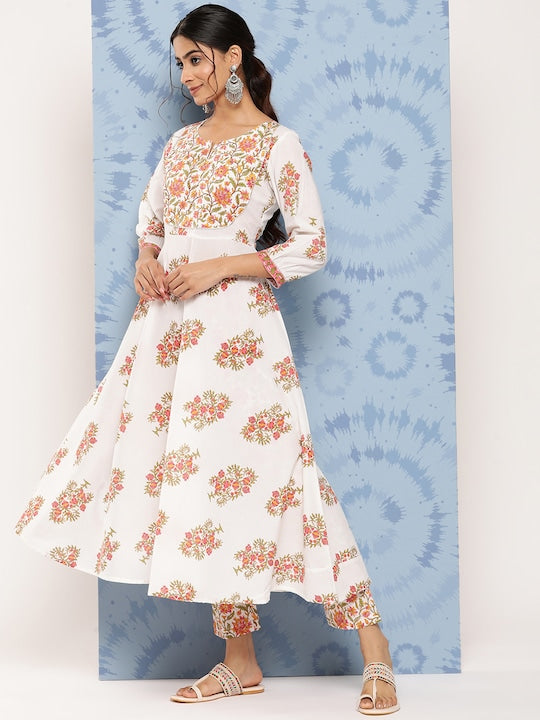 Yufta Floral Printed Regular Pure Cotton Kurta with Trousers & With Dupatta White