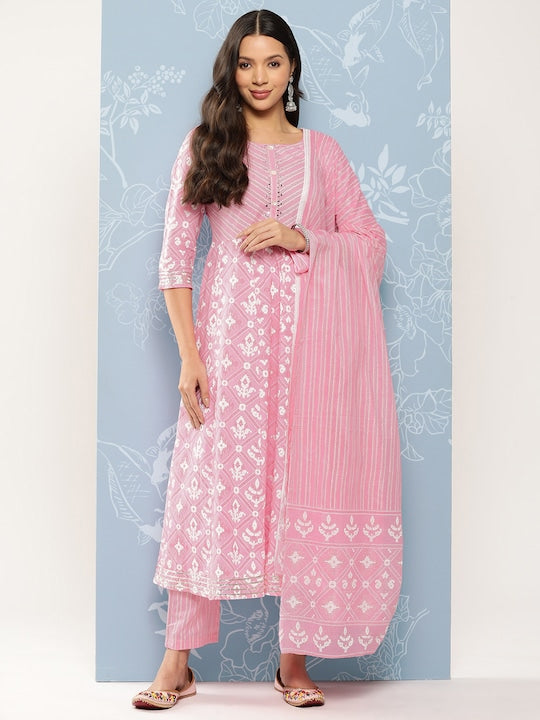 Yufta Women Printed with Chikankari Pure Cotton Kurta with Trousers & Dupatta