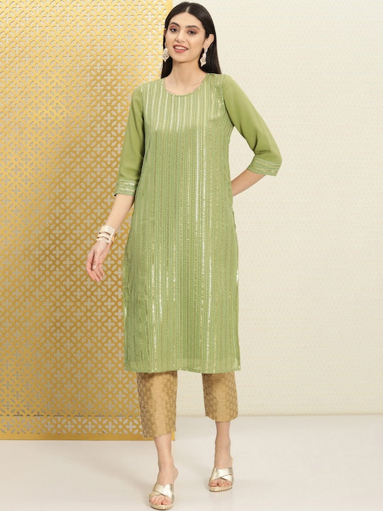 House of Pataudi Women Embellished Sequined Striped Jashn Kurta
