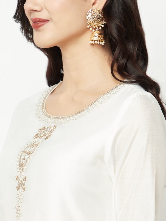 IMARA Ethnic Motifs Embroidered Thread Work Chanderi Cotton Kurta & Skirt With Dupatta