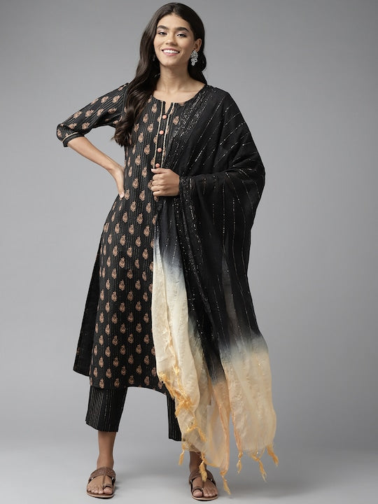 Yufta Women Black Ethnic Motifs Gotta Patti Pure Cotton Kurta with Palazzos & With Dupatta