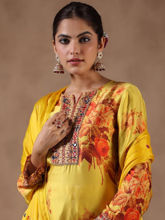 Scakhi Floral Printed Mirror Work Satin Kurta with Churidar & Dupatta