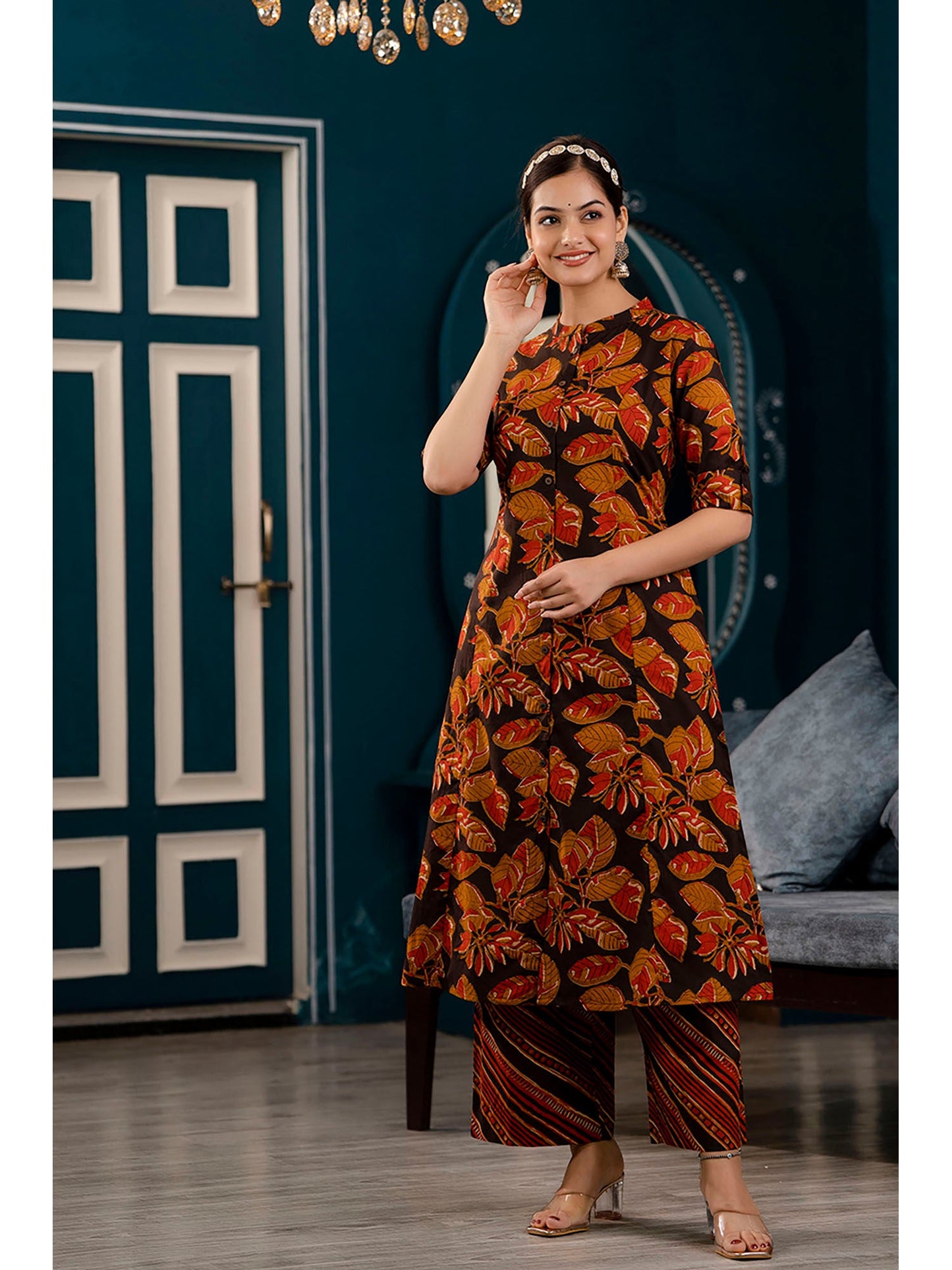 PIROH Womens Cotton Floral Print A-line Kurta Pant - Black (Set of 2)