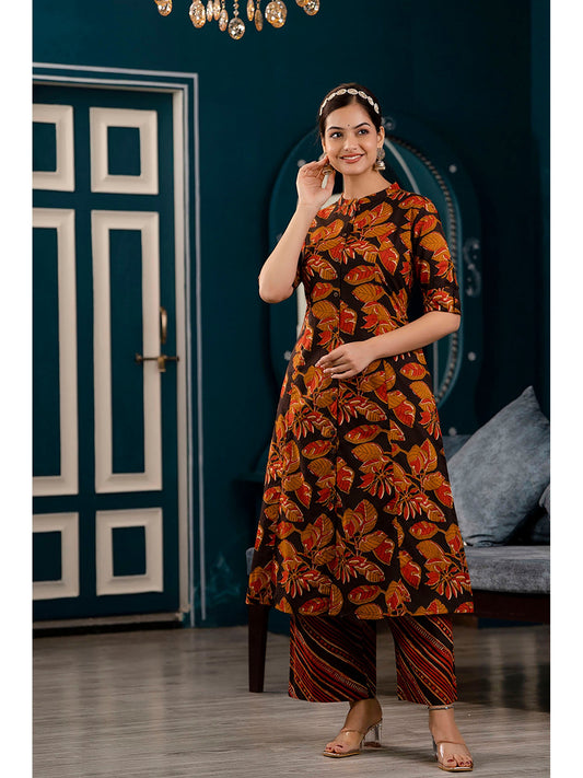 PIROH Womens Cotton Floral Print A-line Kurta Pant - Black (Set of 2)