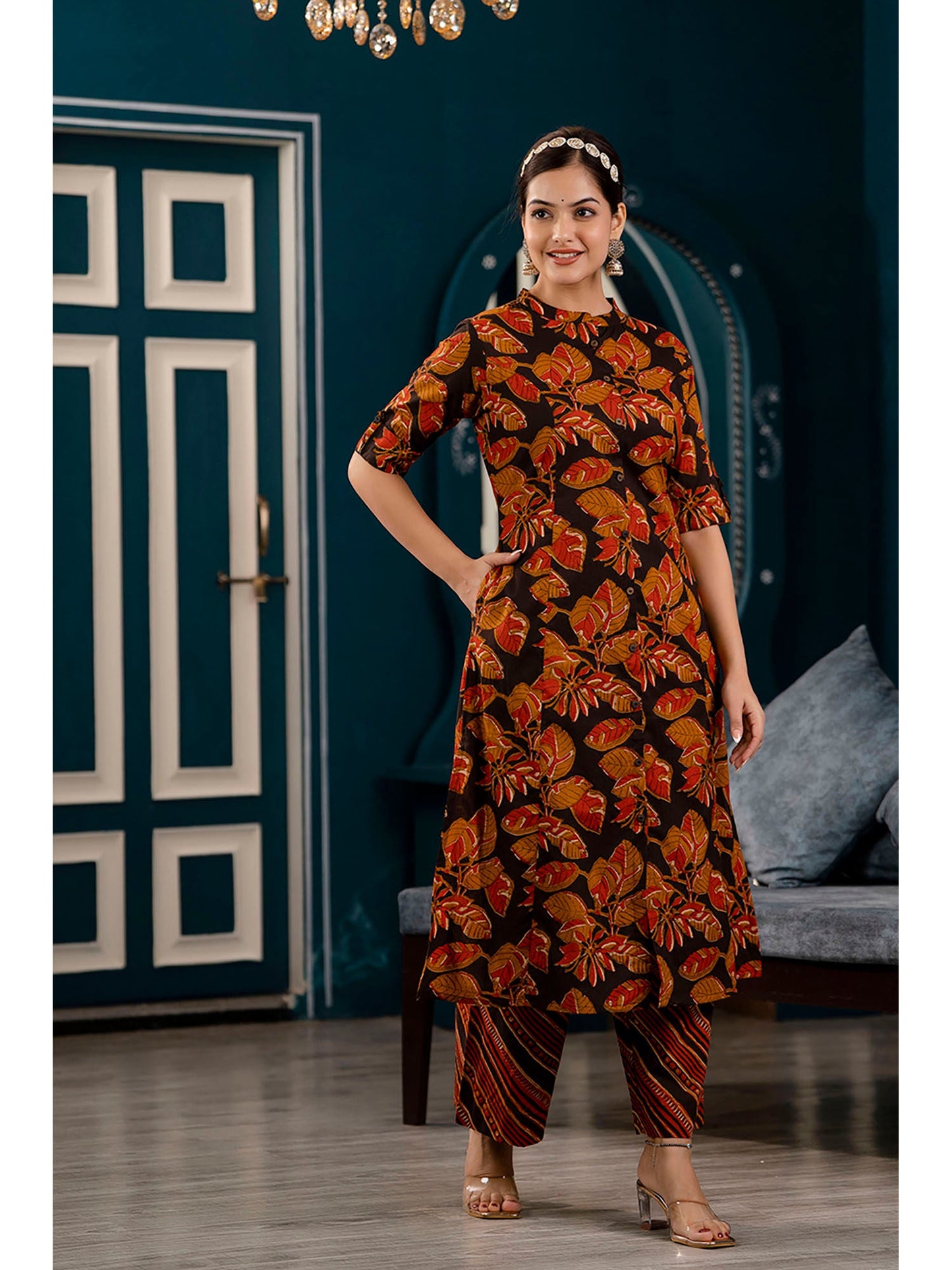 PIROH Womens Cotton Floral Print A-line Kurta Pant - Black (Set of 2)