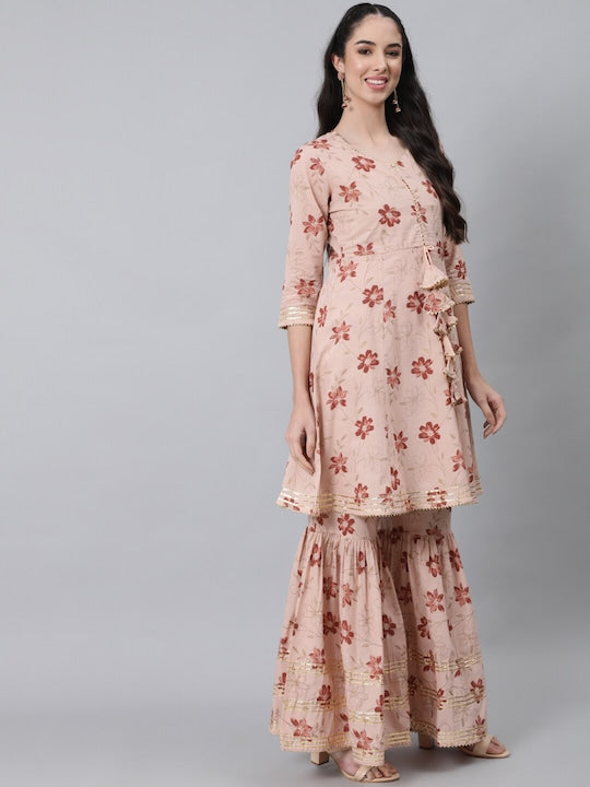 Anubhutee Women Peach Coloured Floral Pure Cotton Kurta with Sharara & With Dupatta