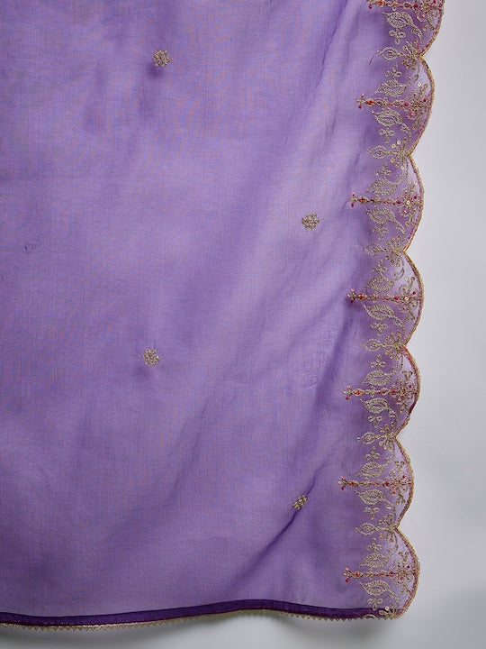 Sangria Purple Ethnic Motifs Embroidered A-Line Kurta With Palazzo & Dupatta