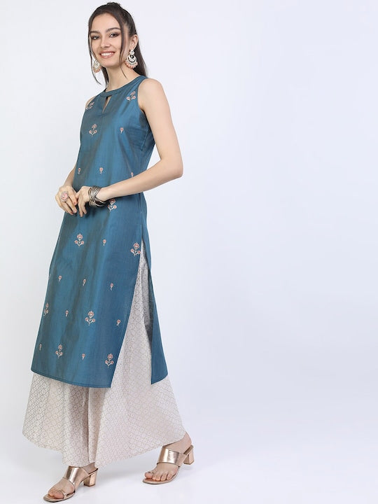 Vishudh Women Teal Ethnic Motifs Embroidered Kurta with Palazzos