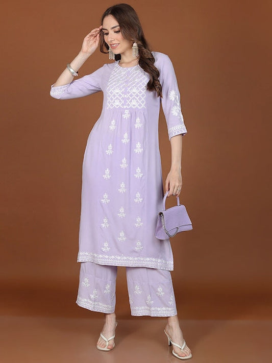 Vishudh Lavender Floral Embroidered Regular Kurta with Palazzos