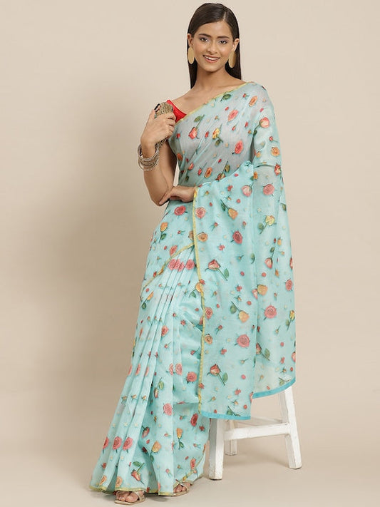 Silk Land Turquoise Blue & Pink Floral Organza Chanderi Saree