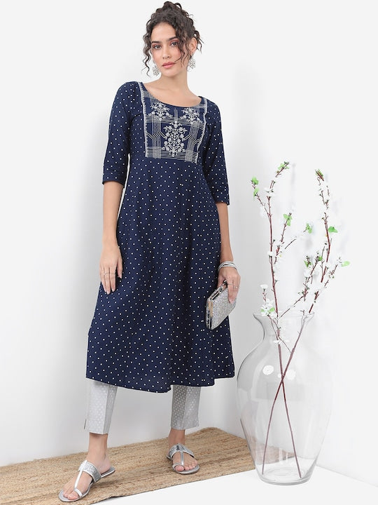 Vishudh Navy Blue Geometric Printed Thread Work A-Line Kurta