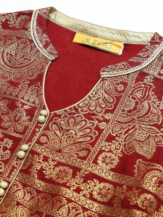 Aurelia Maroon & Gold Printed Ethnic Motifs Maxi Dress