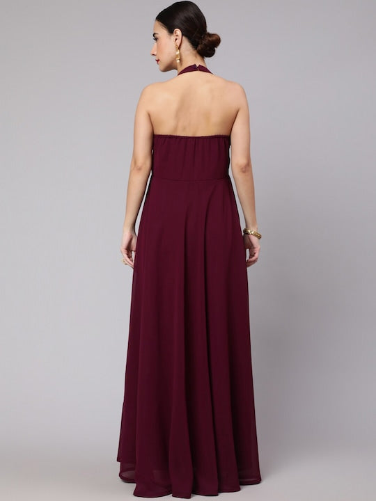 AKS Couture Embelished Halter Neck Georgette Maxi Dress