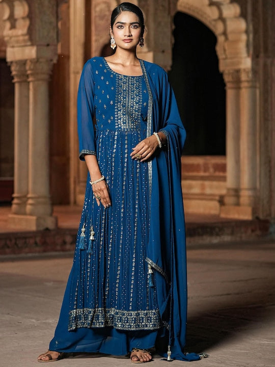 Scakhi Embroidered High Slit Sequinned Kurta With Palazzos & Dupatta