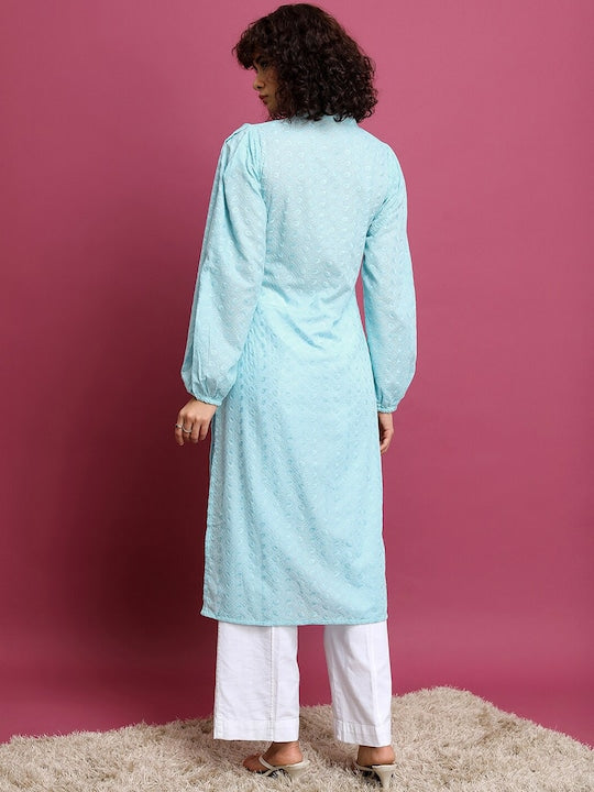 Vishudh Blue Floral Embroidered Puff Sleeve Pastels Cotton Straight Kurta