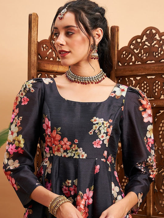 Shae by Sassafras Black & Pink Floral Printed Square Neck Puff Sleeves Anarkali Kurta