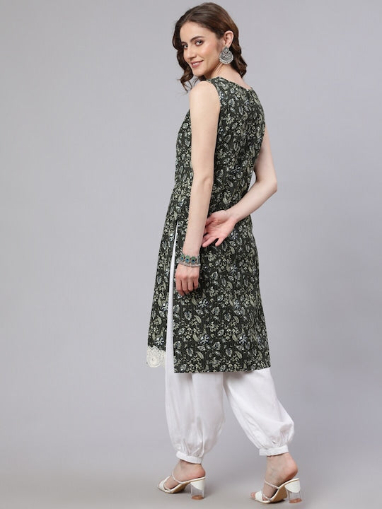AKS Ethnic Motifs Printed Lace Detail Pure Cotton Straight Kurta