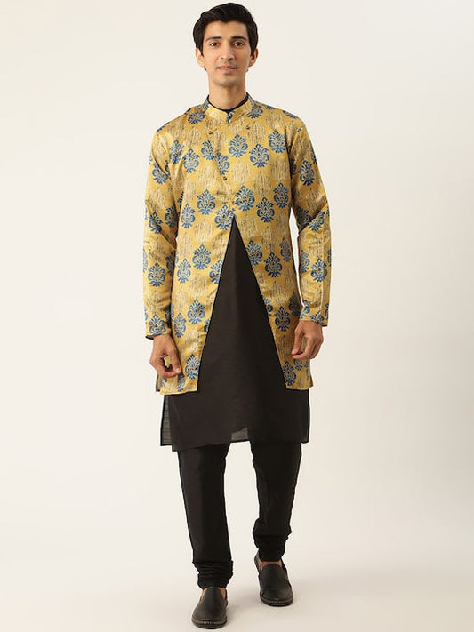 Sojanya Men Yellow & Black Solid Kurta Pyjama & Printed Sherwani Set