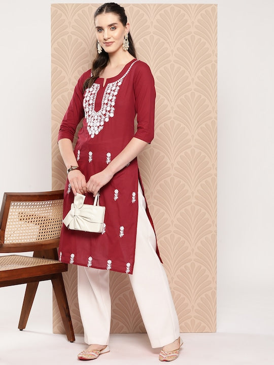 Yufta Floral Embroidered Chikankari Pure Cotton Kurta