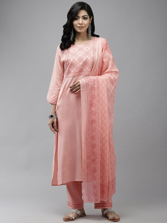 Yufta Women Pink Yoke Design Thread Work Kurta with Palazzos & With Dupatta