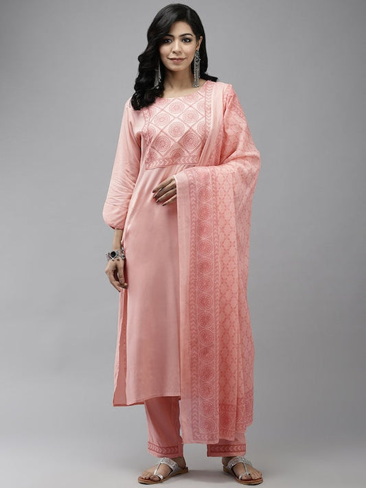 Yufta Women Pink Yoke Design Thread Work Kurta with Palazzos & With Dupatta