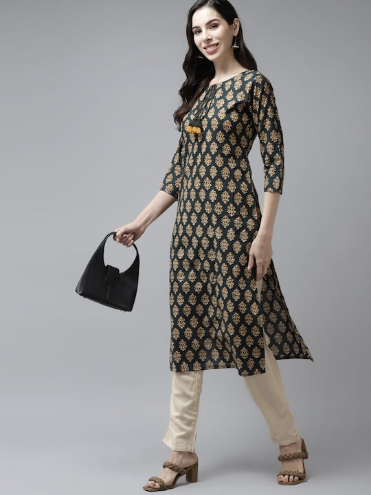 Yufta Women Teal Green Ethnic Motifs Printed Pure Cotton Kurta with Trousers