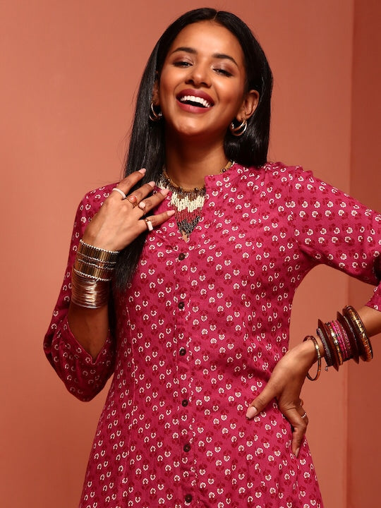 IMARA Floral Printed Mandarin Collar A-Line Kurta