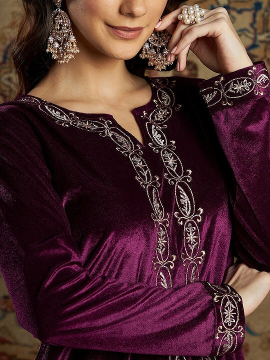 Shae by SASSAFRAS Women Burgundy Ethnic Motifs Velvet Kurta