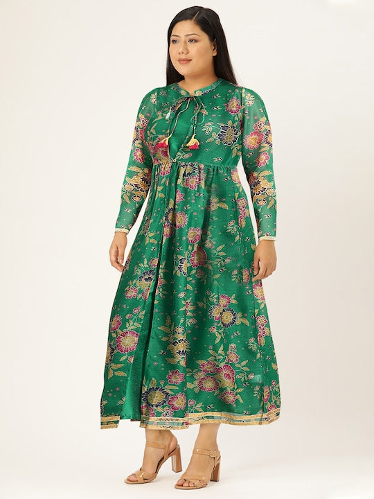 All about you Solid Maxi Dress with Floral Print Longline Jacket