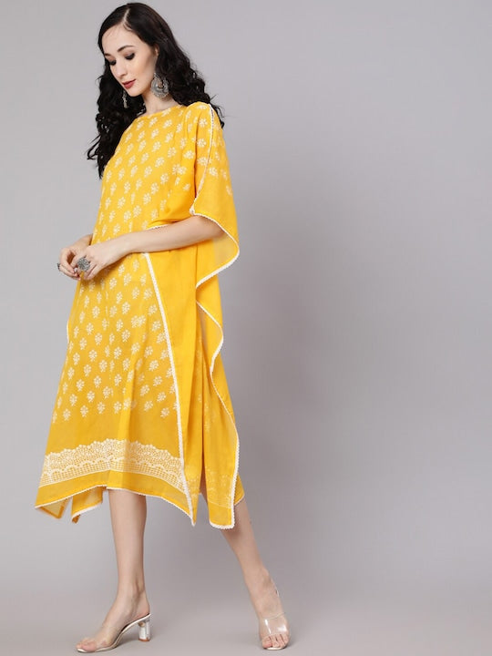 AKS Round Neck Ethnic Motifs Printed Kaftan Slit Sleeve Asymetric Cotton Midi Dress