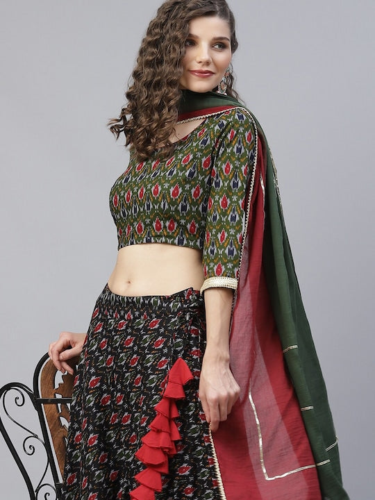 AKS Printed Ready To Wear Cotton Lehenga & Blouse With Dupatta