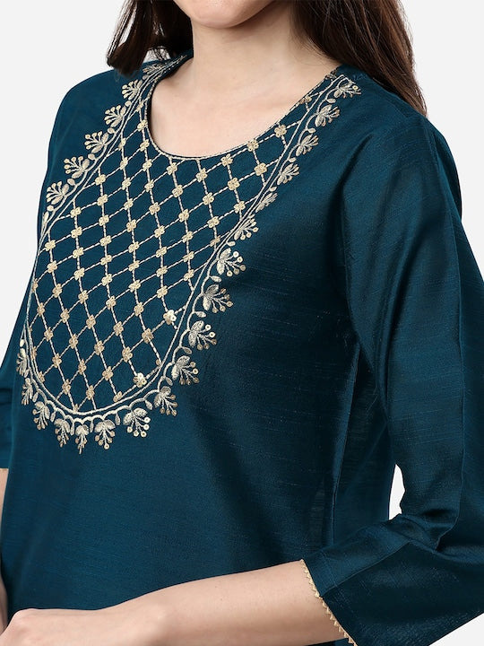 Here&now Women Teal Ethnic Motifs Embroidered Kurta