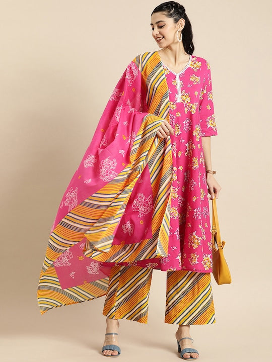 Anouk Women Floral Printed A Line Pure Cotton Kurta with Palazzos & With Dupatta