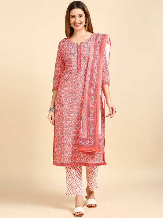 Anubhutee Women Pink & White Printed Kurta with Trousers & Dupatta