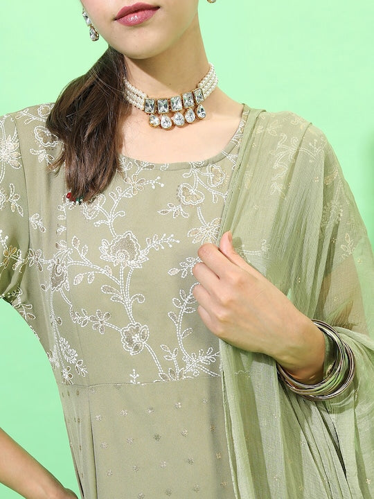 Vishudh Women Olive Green Ethnic Maxi Dress With Dupatta