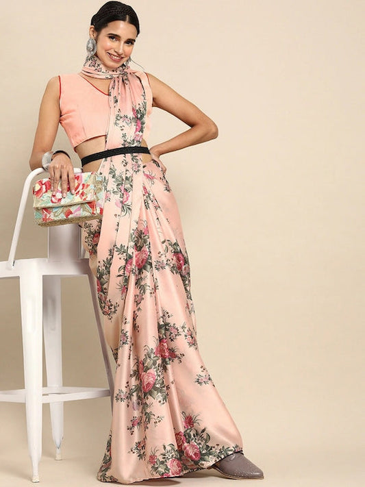 Sangria Peach Floral Printed Satin Saree