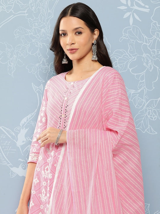 Yufta Women Printed with Chikankari Pure Cotton Kurta with Trousers & Dupatta