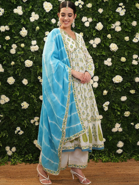 Vishudh Women Floral Printed Empire Pure Cotton Kurta with Palazzos & With Dupatta