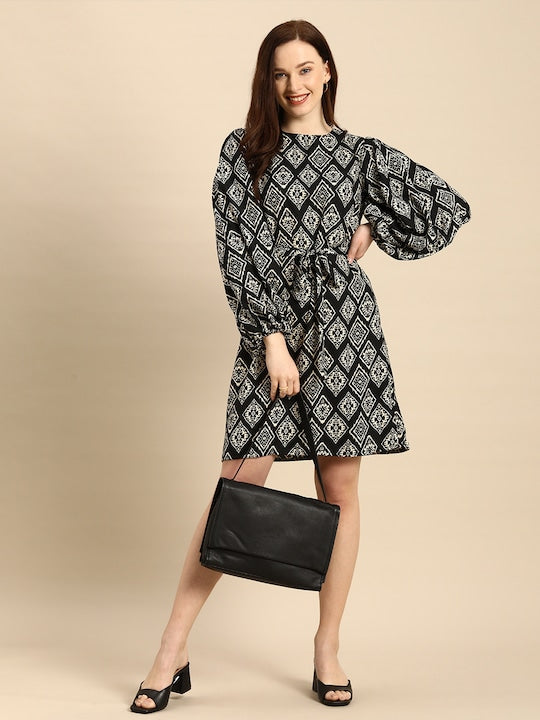 All about you Black & White Ethnic Motifs A-Line Dress With A Belt