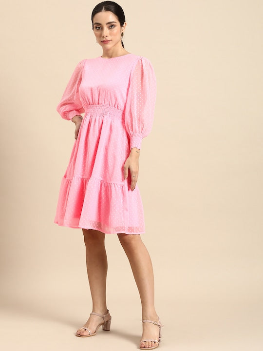 All about you Self-Design Smocked Flounce Hem Fit and Flare Dress