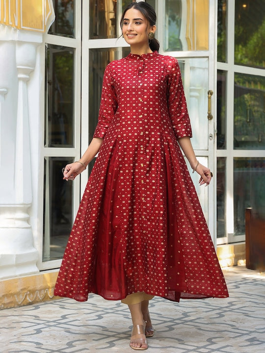 Juniper Women Maroon & Golden Foil Print Anarkali Kurta