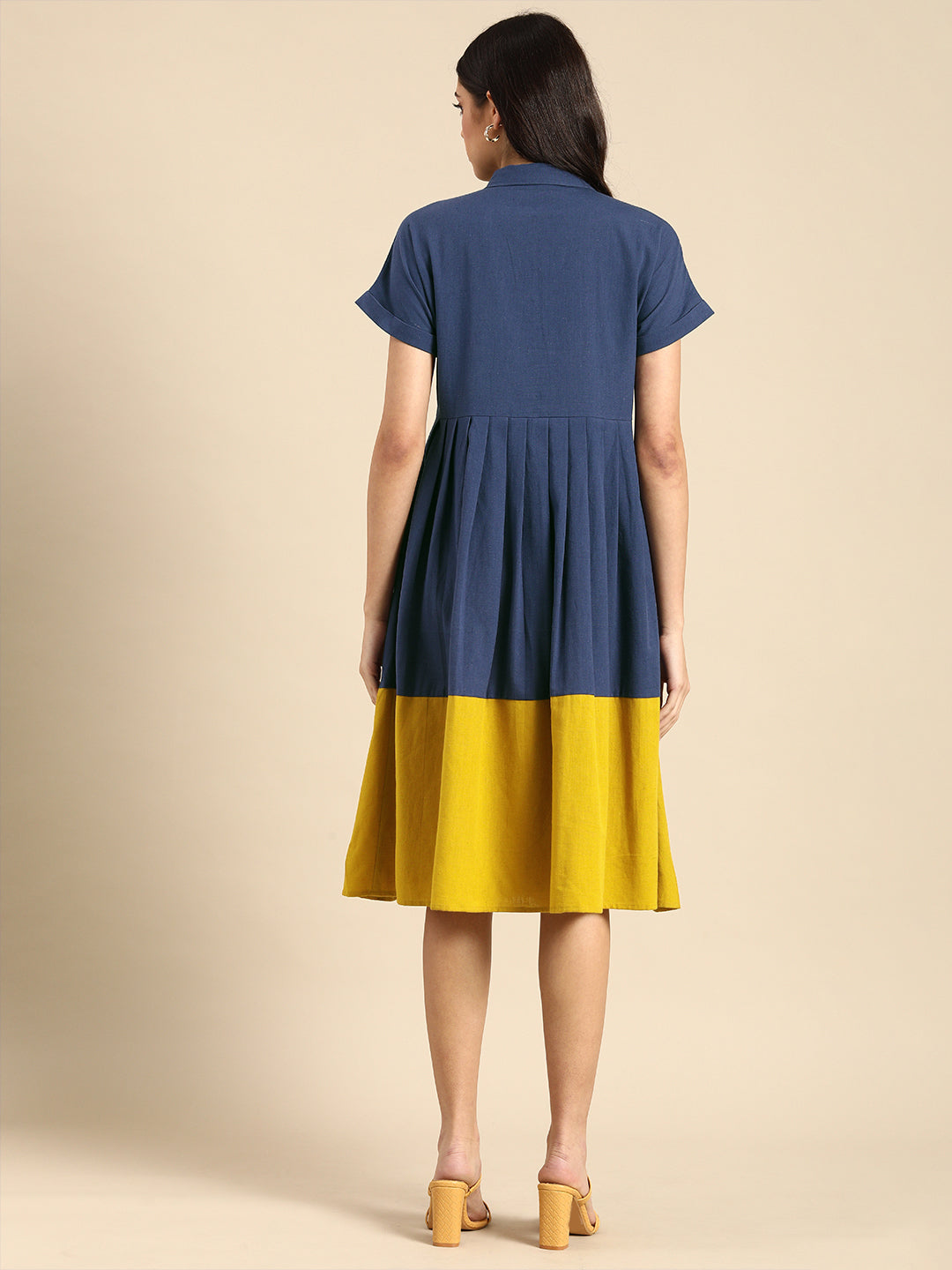 All about you Women Blue & Mustard Yellow Colourblocked Casual Dress