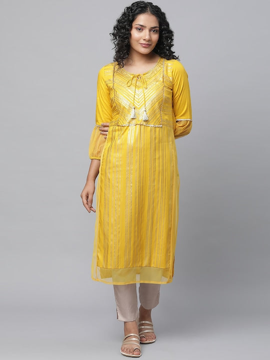 Aurelia Tie-Up Neck Striped Gotta Patti Straight Kurta