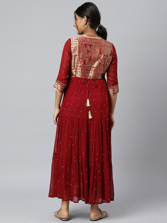 Aurelia Maroon & Gold Printed Ethnic Motifs Maxi Dress