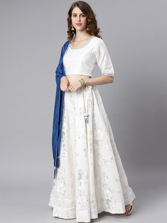 Janasya Women White Foil Floral Printed Lehenga Choli With Dupatta