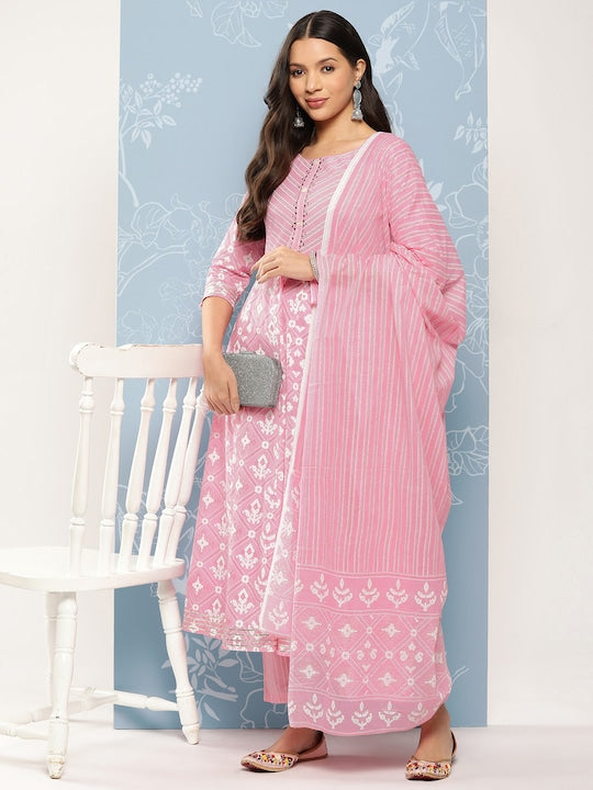 Yufta Women Printed with Chikankari Pure Cotton Kurta with Trousers & Dupatta